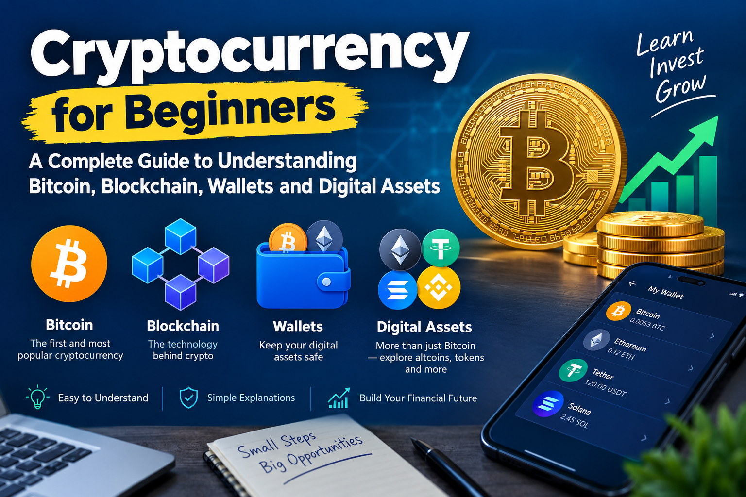 Cryptocurrency for beginners guide explaining Bitcoin blockchain wallets and digital assets